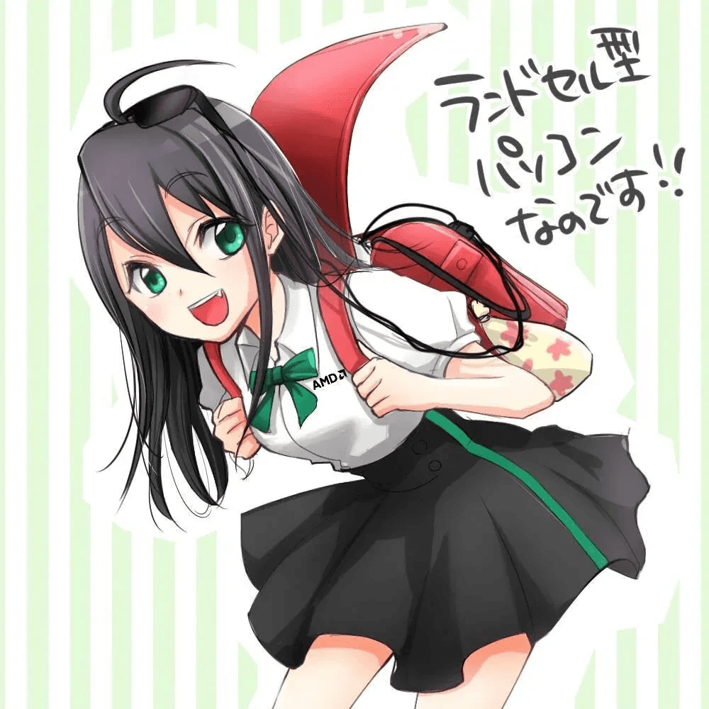 Amada Kokoro illustration with a red AMD-style randoseru backpack PC (「ランドセル型パソコンなのです!!」)